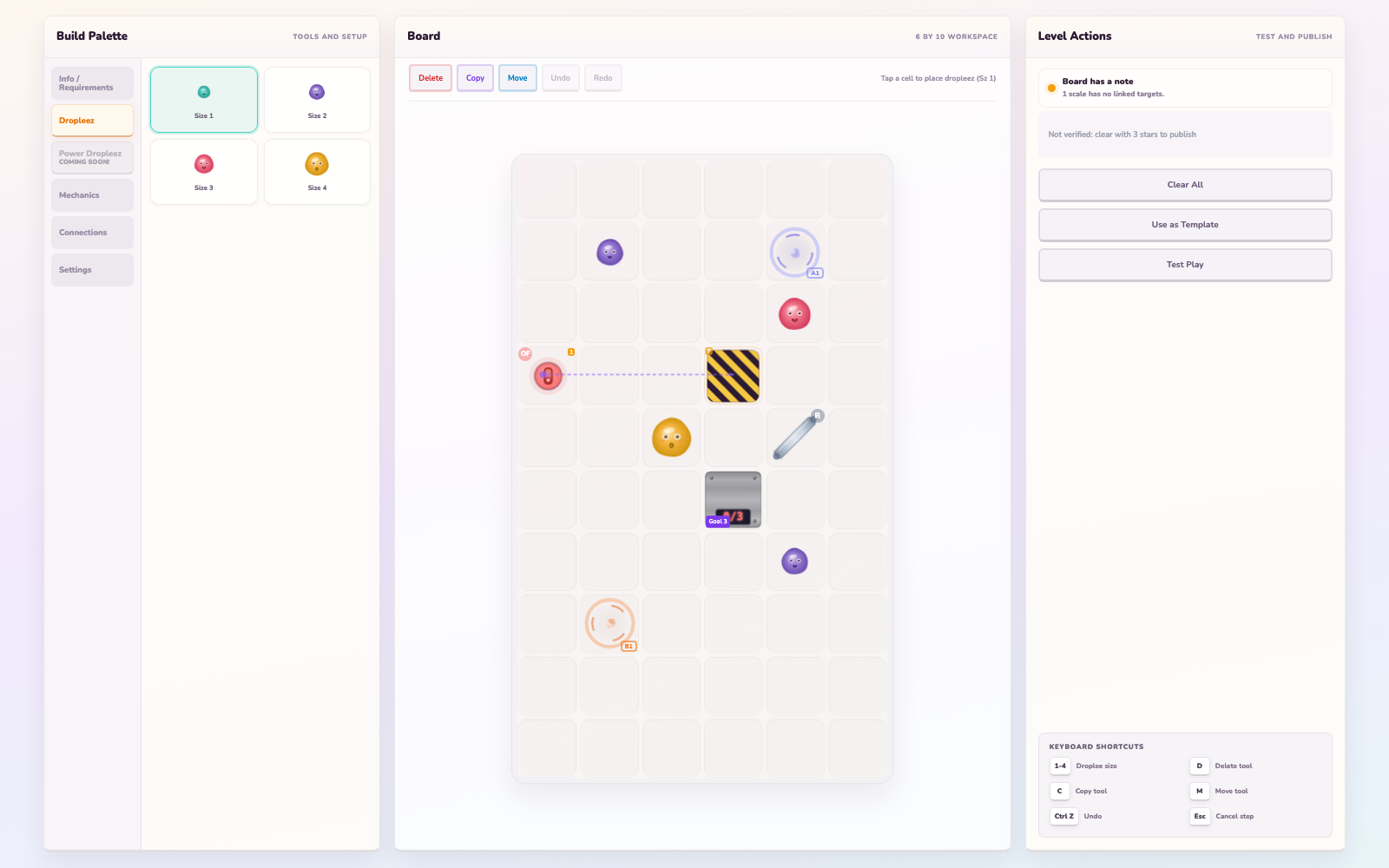 Dropleez Puzzle Studio showing the full 6 by 10 board, build palette, level actions, mechanics, and keyboard shortcuts
